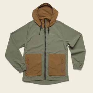Green and Brown Raincoat with Hood and Water-Resistant Fabric